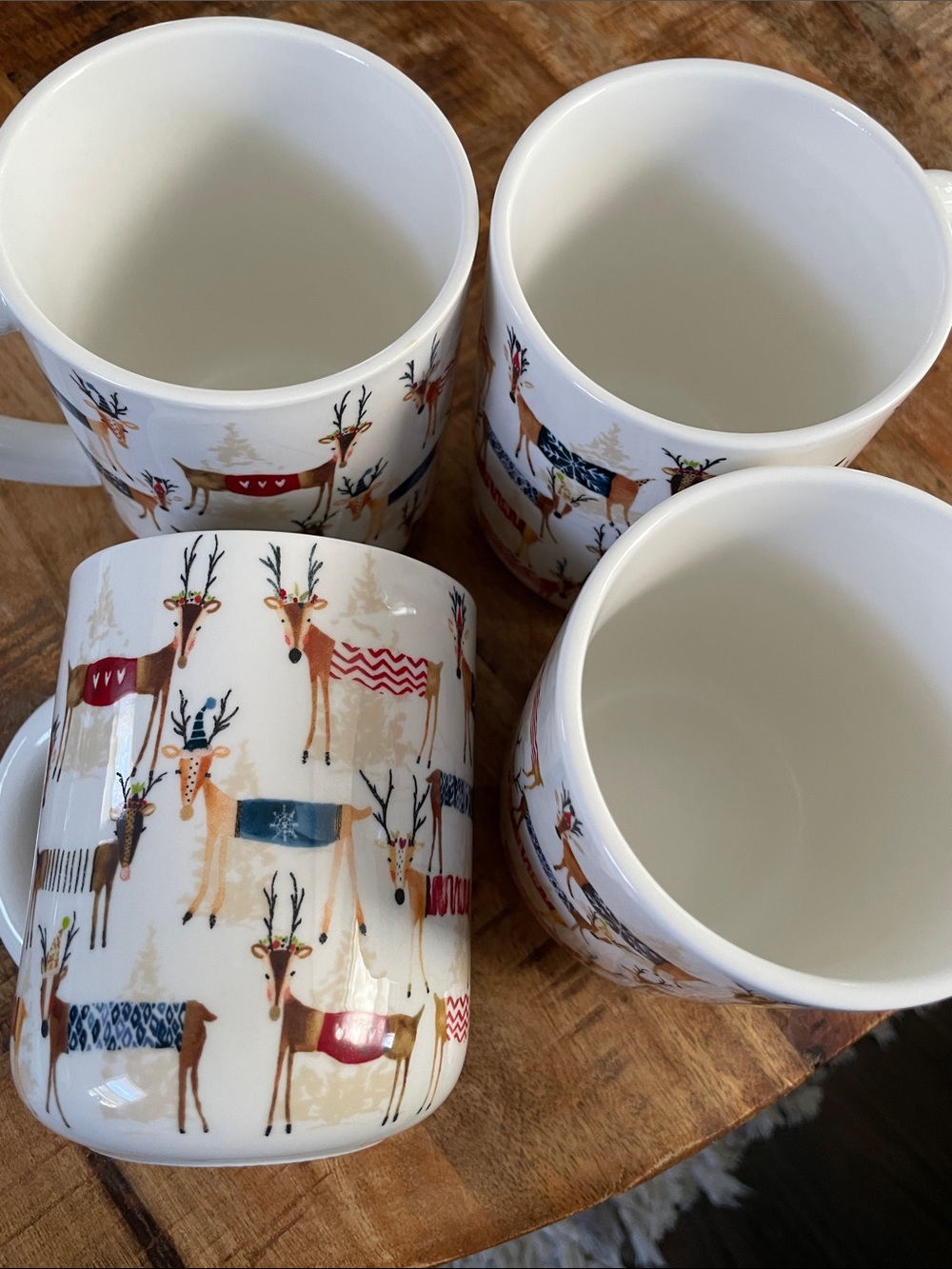 Williams Sonoma Natal Deer Ceramic Mugs with Colorful Reindeer Motif - Set of 4
